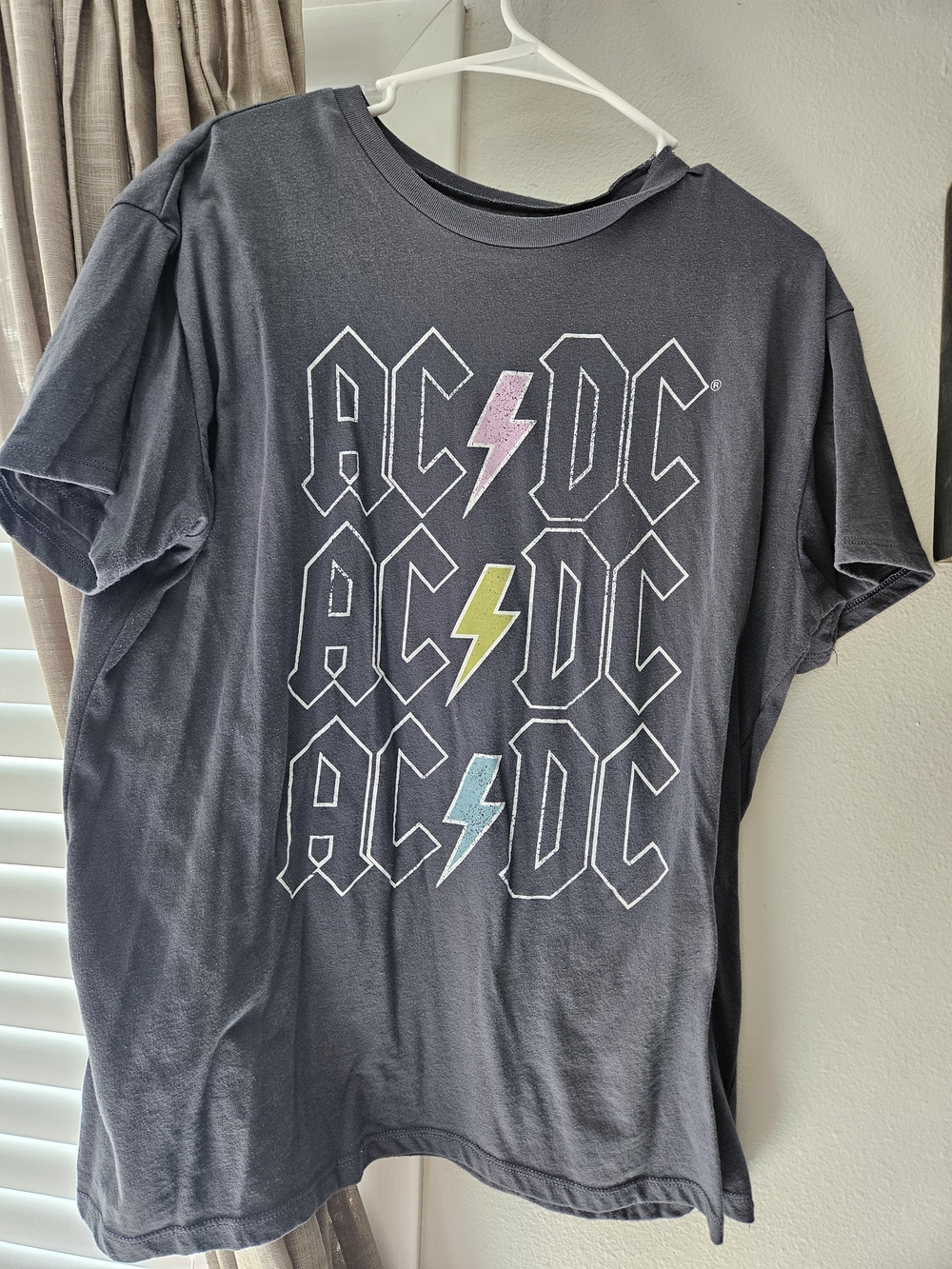 AC/DC Women's Short Sleeve Tee in Charcoal with Pink, Yellow, Blue Bolts